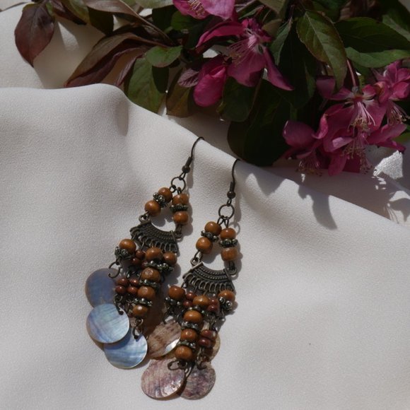 Jewelry - Boho Chandelier Earrings w/ Wood & Shell Beads